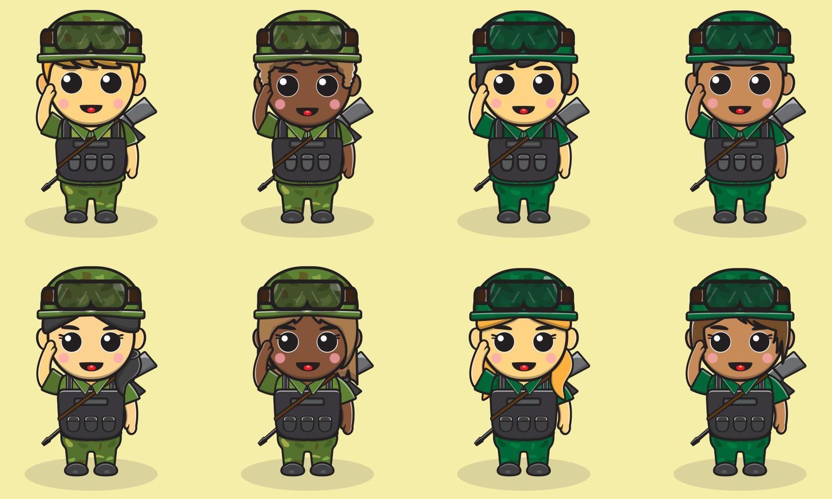Ilustración vectorial de dibujos animados lindo soldado con chaleco y pose de saludo de pistola. vector