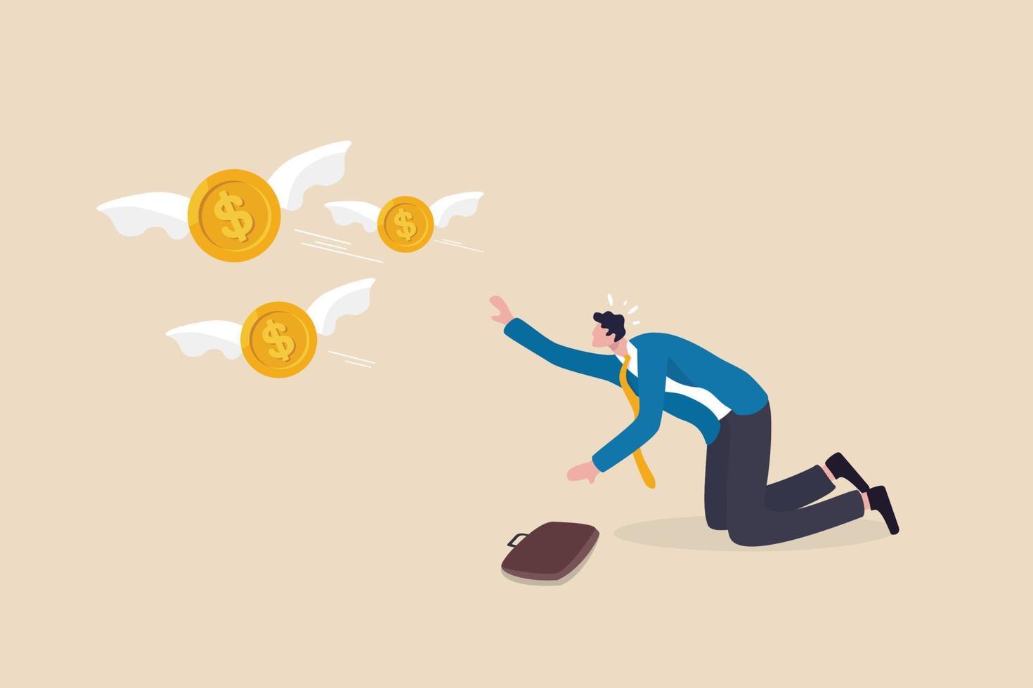 Losing money from business failure or investment mistake, tax or debt problem, bankruptcy or economic crisis or recession concept, sad hopeless businessman watching his money coin flying away. vector