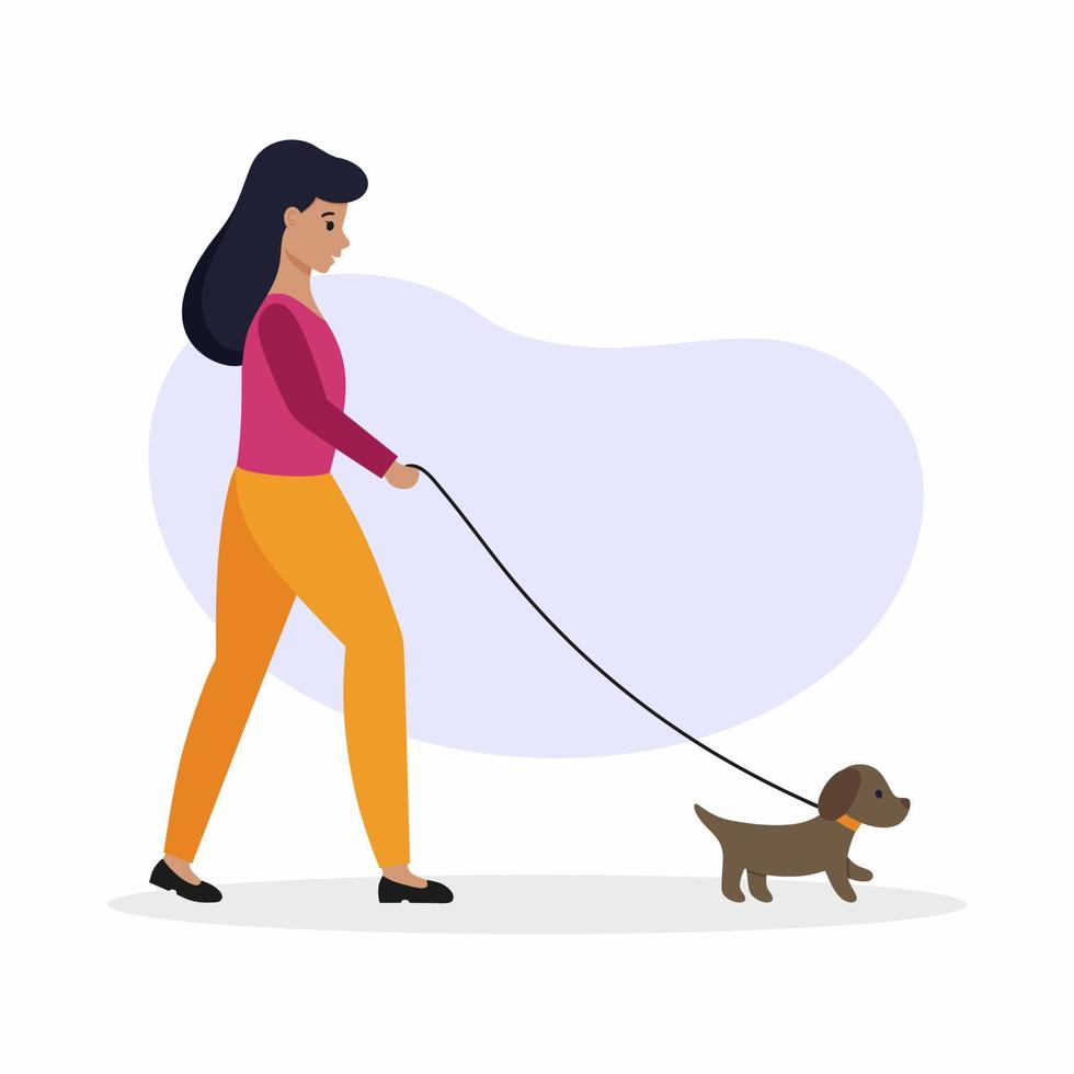 The girl went out with the dog for a walk. A woman walks a puppy on a leash. vector