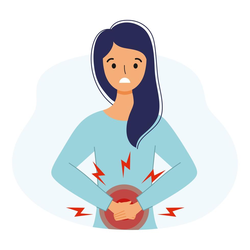 The girl suffers from abdominal pain. Symptoms of gastritis in a woman. vector