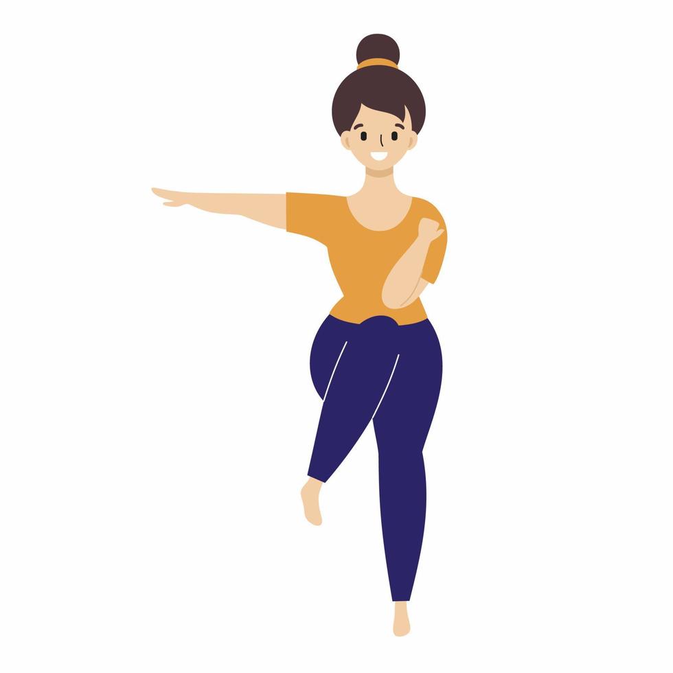 una mujer regordeta con ropa de casa está haciendo ejercicios. la niña entrena en casa. yoga para adelgazar. vector