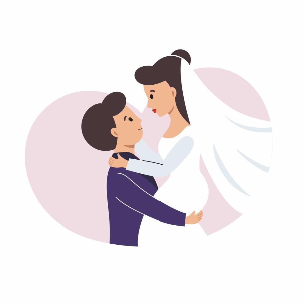 The groom holds the bride in his arms. A happy husband and wife celebrate their wedding. Vector illustration for a wedding agency.