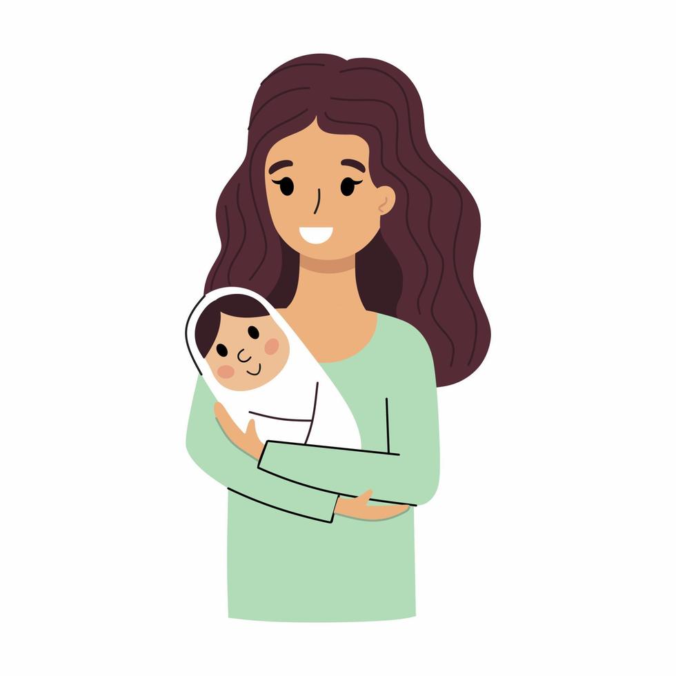 A happy mother holds a newborn baby in her arms. vector