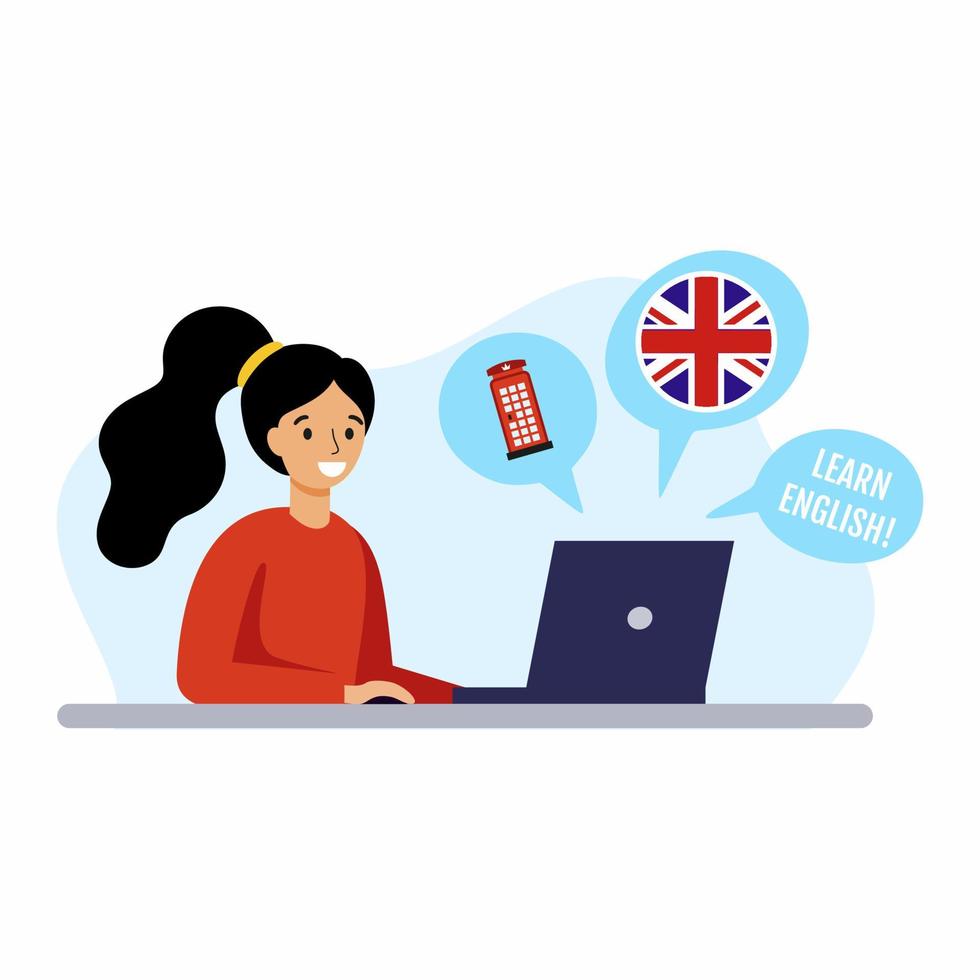 The girl is studying English in online courses. Language school of foreign languages. vector