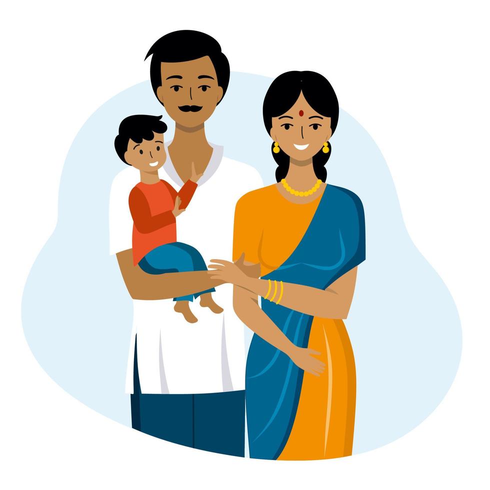 feliz familia india. padres e hijo juntos. ilustración vectorial en estilo de dibujos animados. vector