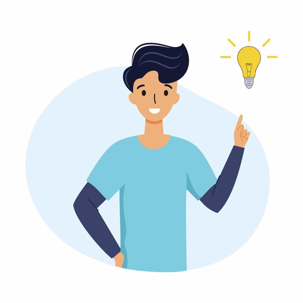 Creating new idea. Happy man and bright yellow light bulb. vector