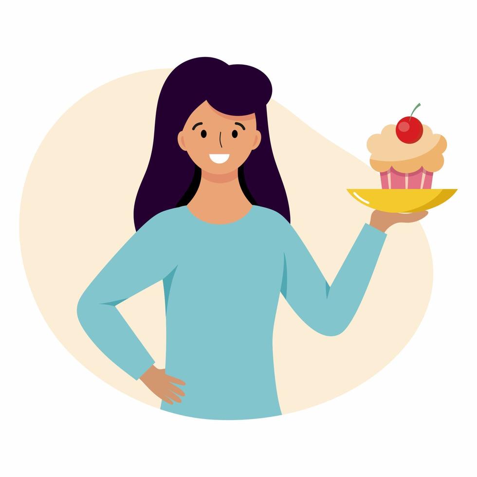 No diet day. A woman holds a plate of cupcake in her hands. vector