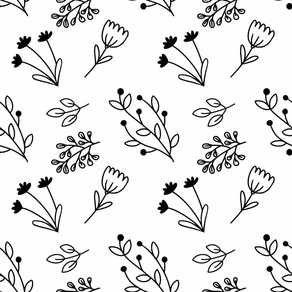 patrón blanco transparente con ramas negras estilo doodle. Fondo sin fin para imprimir sobre tela y papel de embalaje. vector
