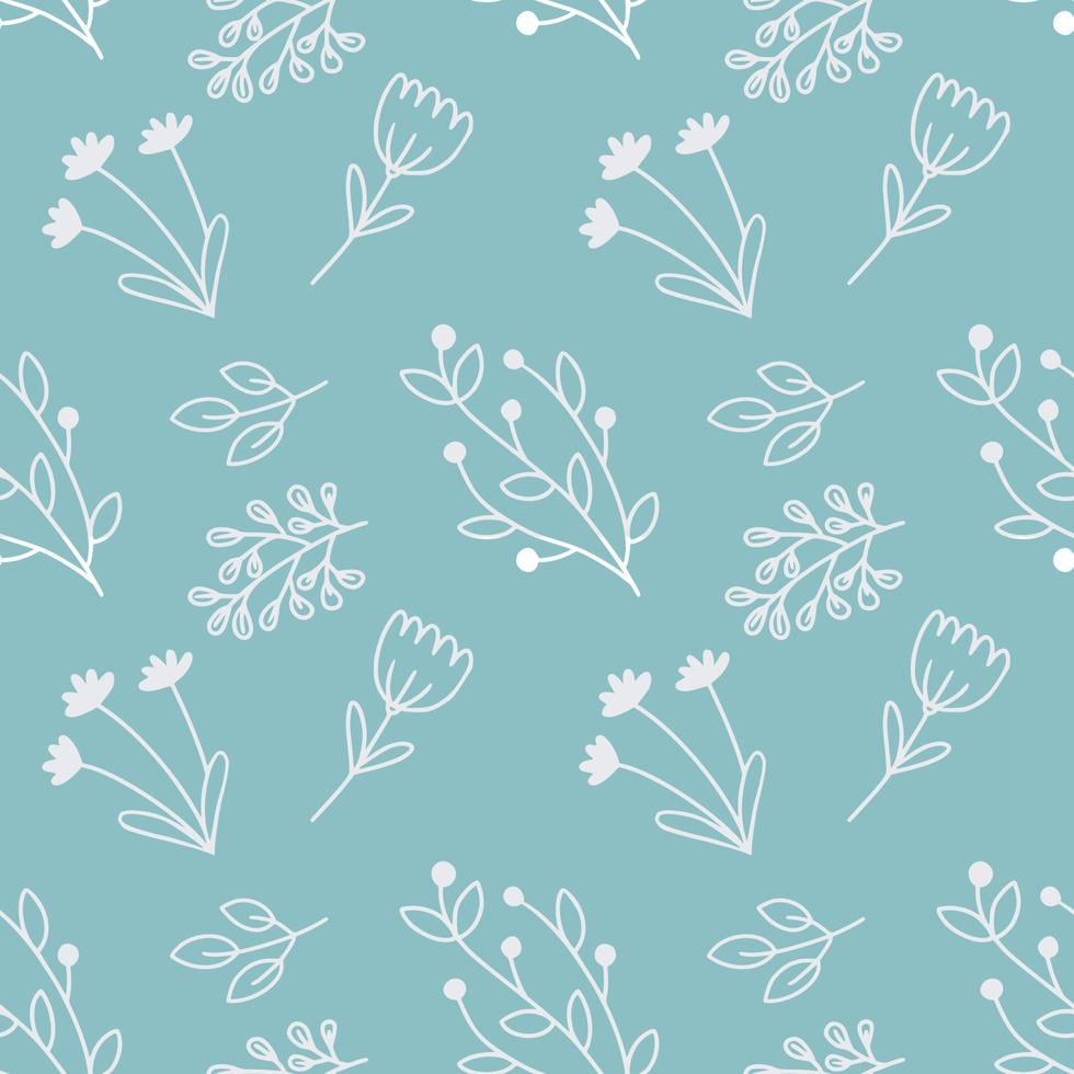 Blue seamless pattern with doodle style plant branches. Background for sewing clothes and printing on fabric. vector