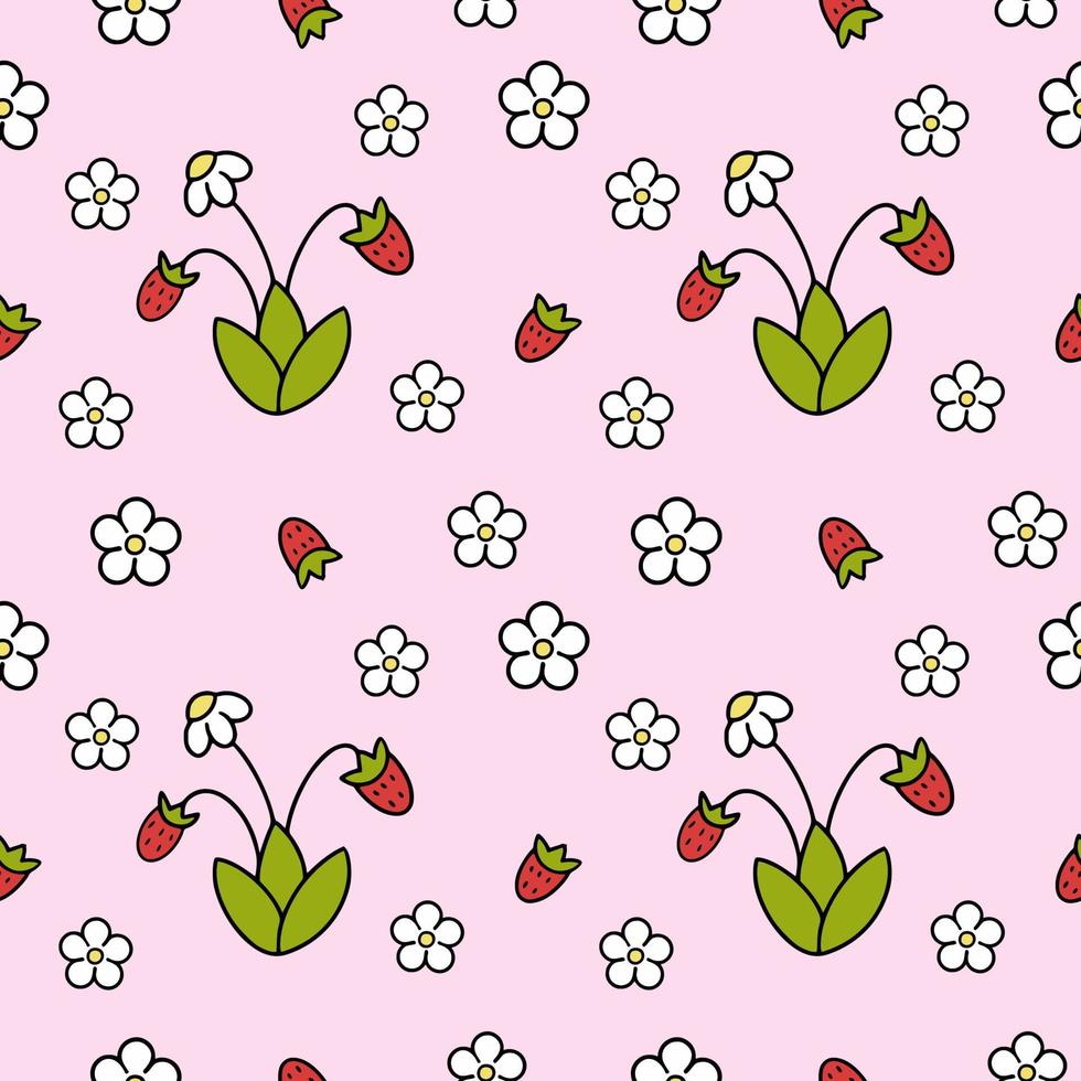 Seamless pattern with strawberries. Pink background for printing on children fabric, sewing clothes for girls. Good wrapping paper. vector