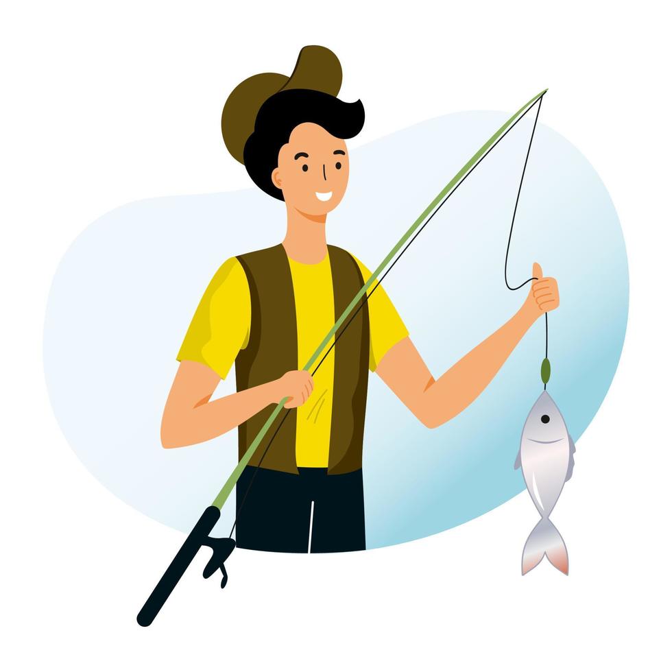hombre con caña de pescar atrapa peces. día mundial de la pesca. 4899836  Vector en Vecteezy