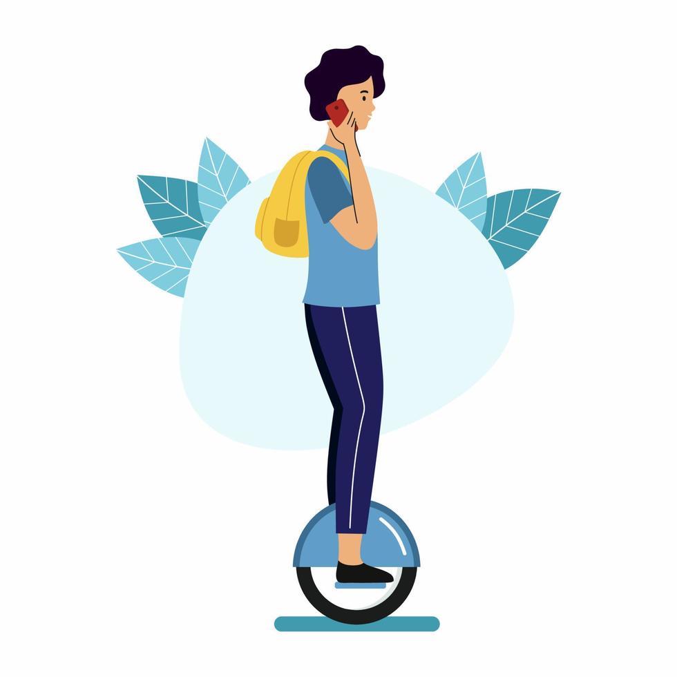 Man with backpack rides on monowheel and talks on  phone. Walk around  city on  mono wheel. vector