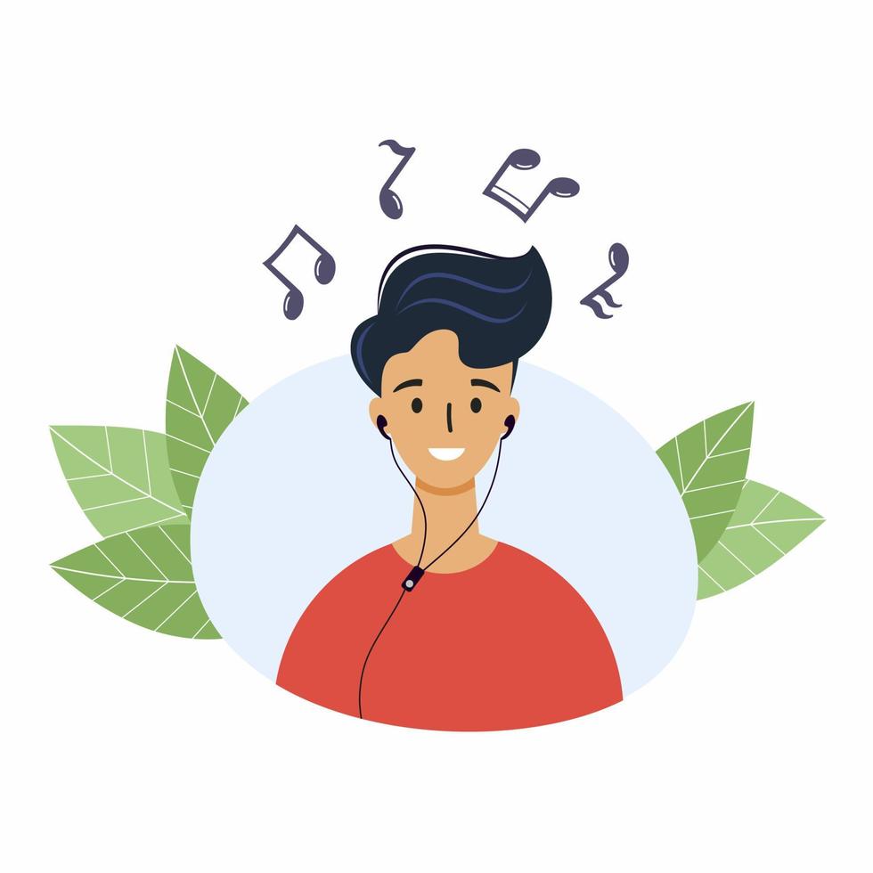 Man listens to music with headphones. Vector illustration of young guy for website with songs.