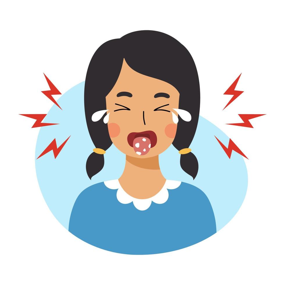 Girl with stomatitis on her tongue. Baby is crying because of  oral disease. Skin lesions with fungus and herpes. vector