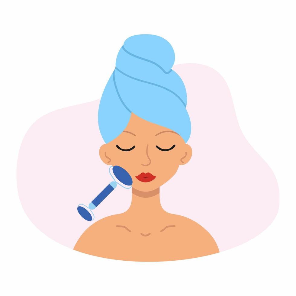 The girl does a facial massage with a roller massager. Vector character in a flat style. A woman with a towel on her head at a cosmetologist's appointment.