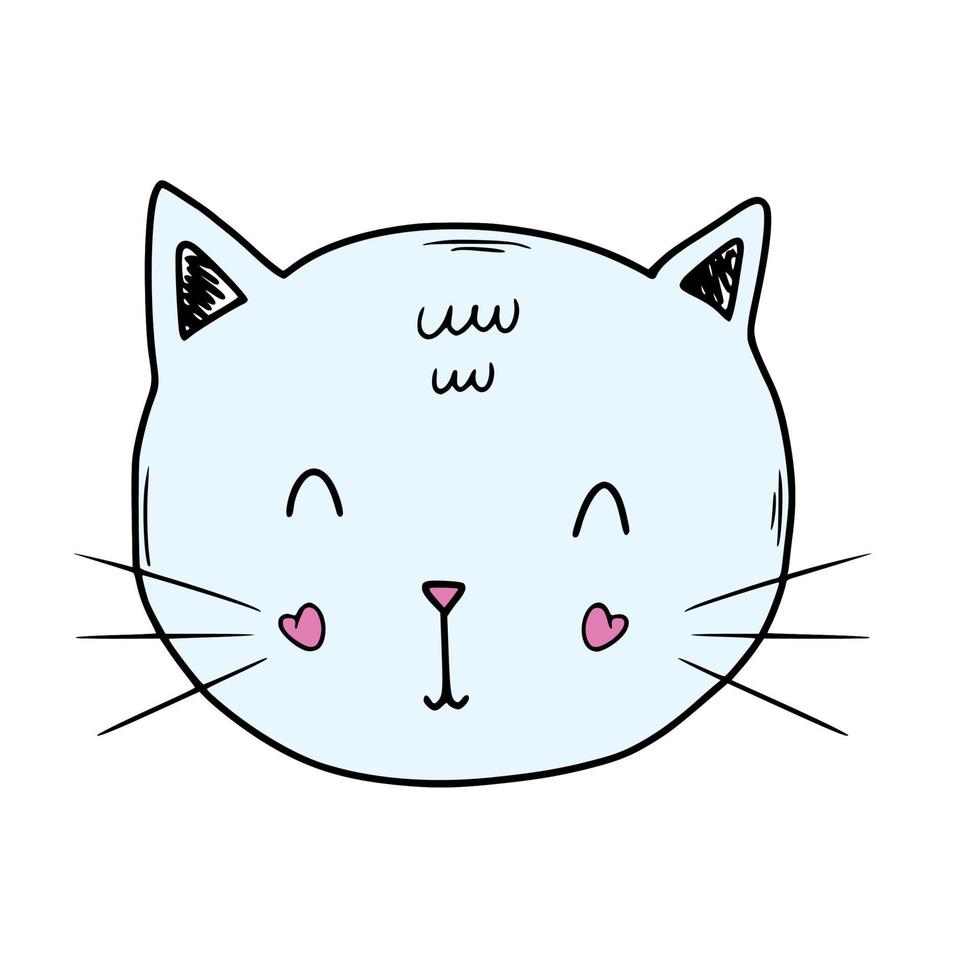 gatito divertido en estilo doodle. una carita de gato para tarjeta infantil o estampada en ropa. vector