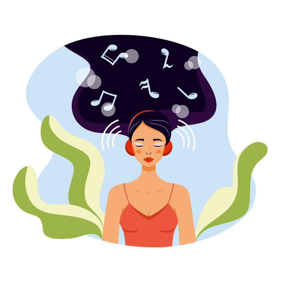 hermosa chica escucha música con auriculares. mujer de cabello largo y canciones. aplicación en su teléfono para escuchar canciones. vector