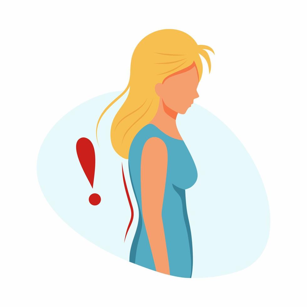 Woman with  curvature of spine. Scoliosis and back pain. Vector illustration in cartoon style.