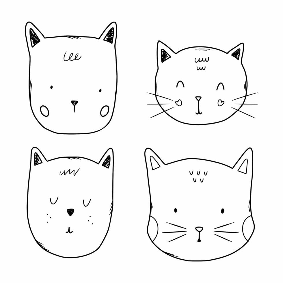 Set of kitten  in  doodle style. Drawing with  contour line for children. Coloring book cat  face. vector