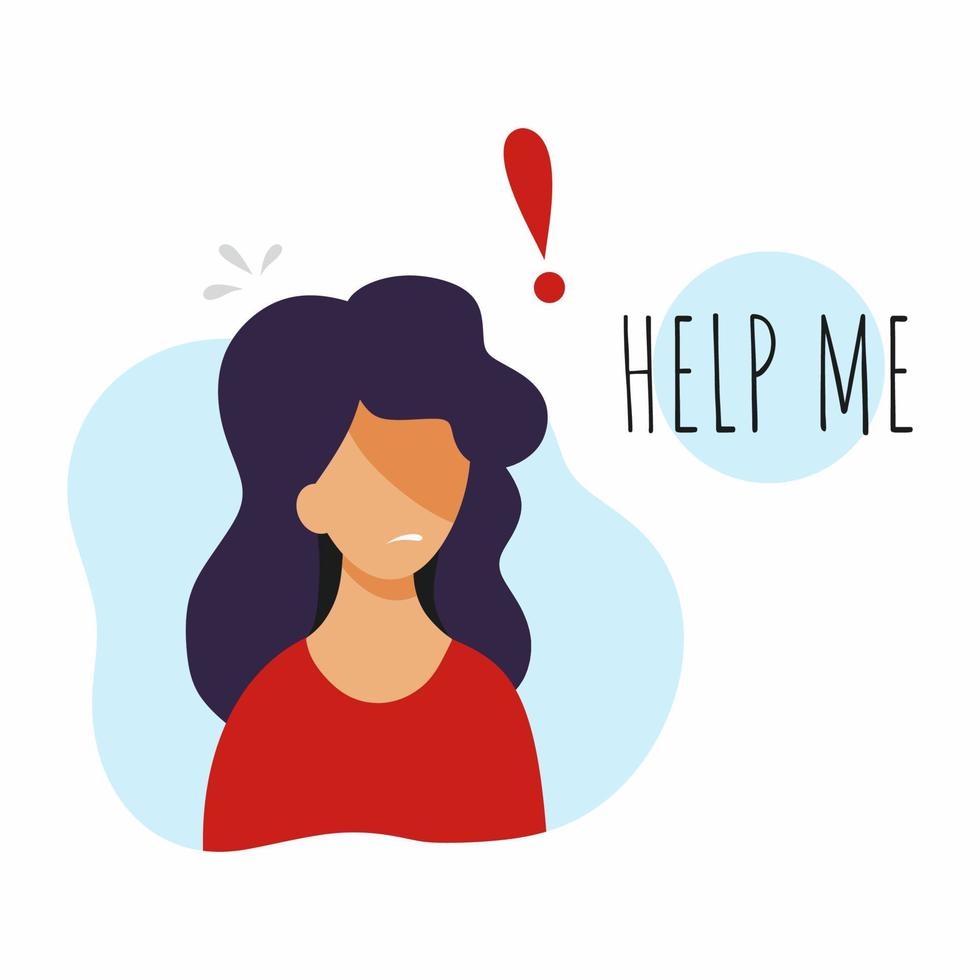 Woman needs help. Girl and  inscription help me. Person with stress. Vector character in cartoon style.