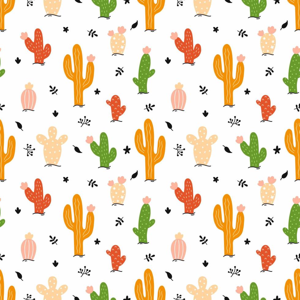 Bright cactus on white background. Seamless pattern for sewing children's clothing and printing on fabric. Vector illustration in doodle style.