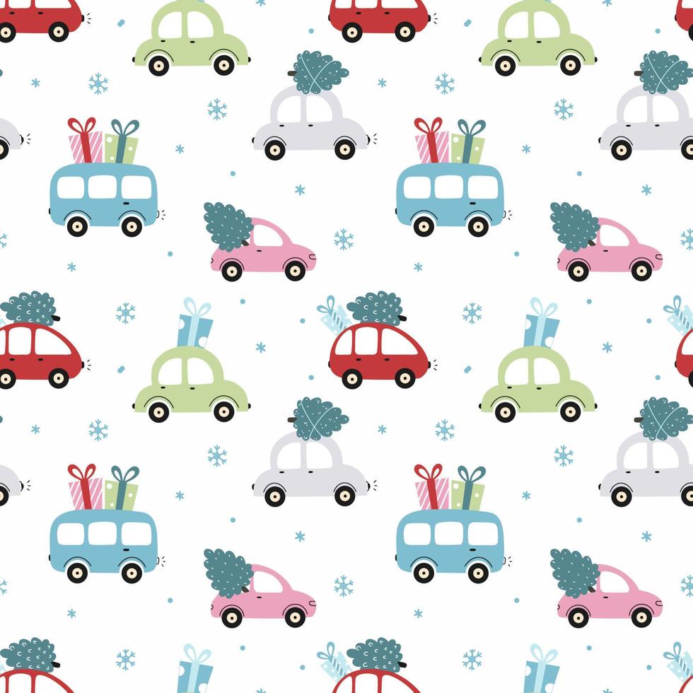 Seamless pattern for new year with cute car. In auto there is gift and Christmas tree for holidays. Background for sewing children clothing and printing on packaging paper. vector