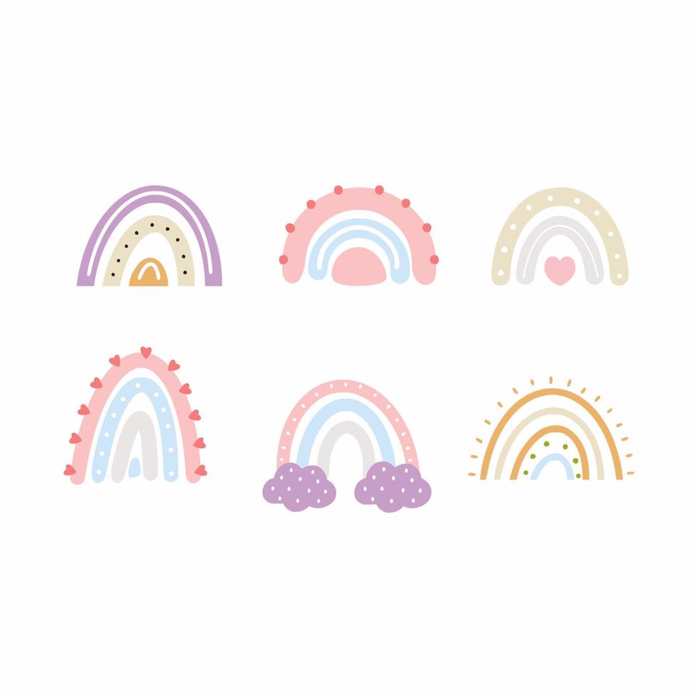 Establecer hermoso arco iris en estilo doodle. nubes para postal de diseño infantil. diseño de moda para niña. vector