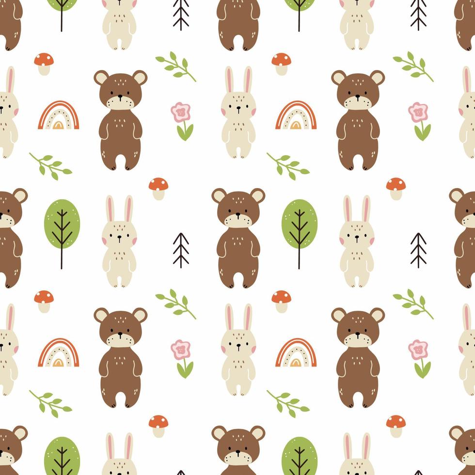 patrón sin fisuras con lindas liebres y osos. Fondo con animales del bosque para coser ropa infantil e imprimir en tela. vector