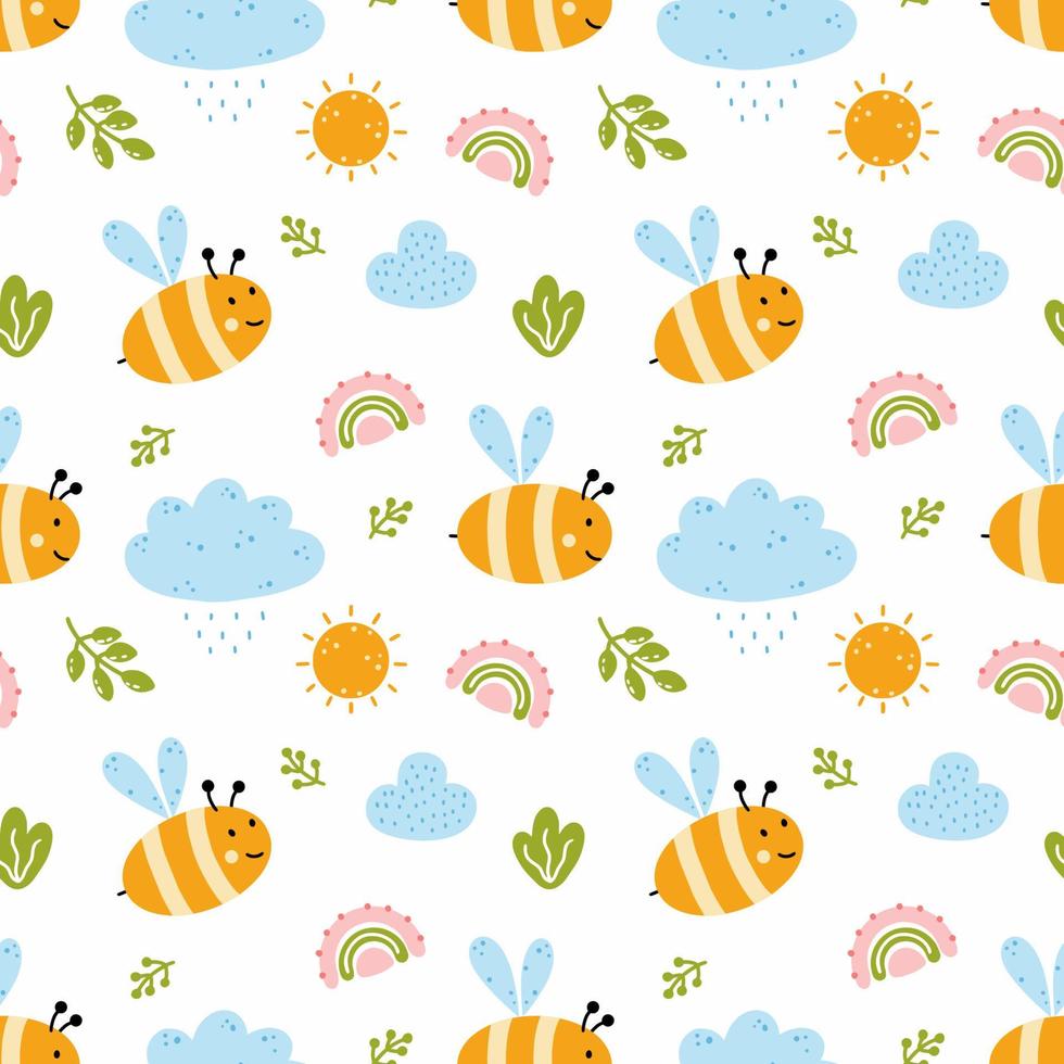 Seamless pattern with cute bee for sewing children clothes. Background in nursery with clouds and rainbow. Printing on textiles. vector