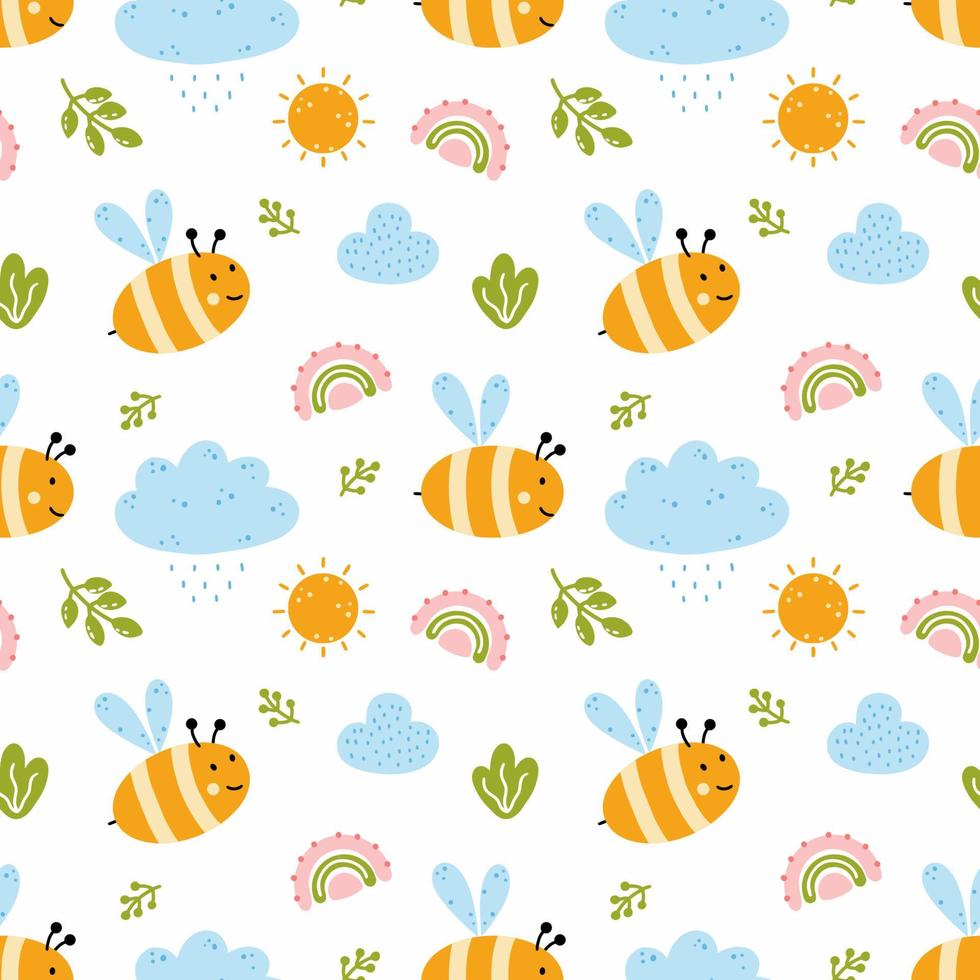 Seamless pattern with cute bee for sewing children clothes. Background in nursery with clouds and rainbow. Printing on textiles. vector