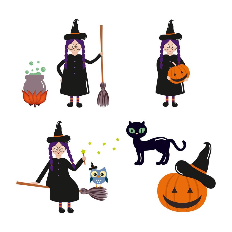 con linda bruja para la fiesta de halloween. gato negro y calabaza. colección de pegatinas para el 31 de octubre. personaje de vector en estilo de dibujos animados.