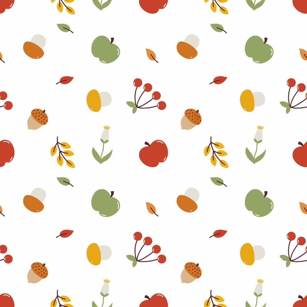 Cute seamless fall pattern. Wallpaper with autumn harvest. Background for sewing clothes and printing on fabric. Apples, mushrooms, berries and leaves on white background. Packaging paper design. vector