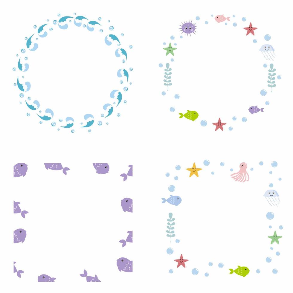 Round and square marine frame for design inscription. Place for photo or text. Fish, algae, crab, octopus and marine life. vector