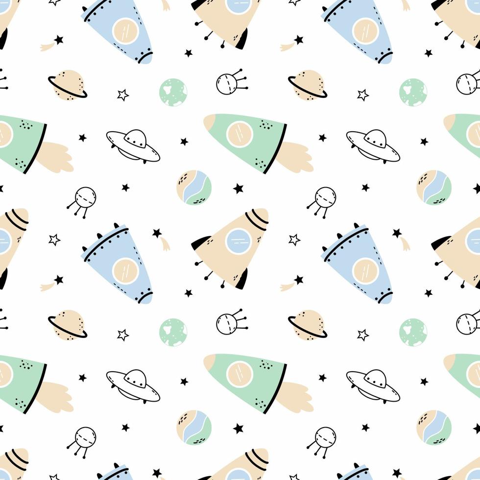 Seamless pattern with a space rocket and planets. The starry sky. Background for sewing children's clothing. vector