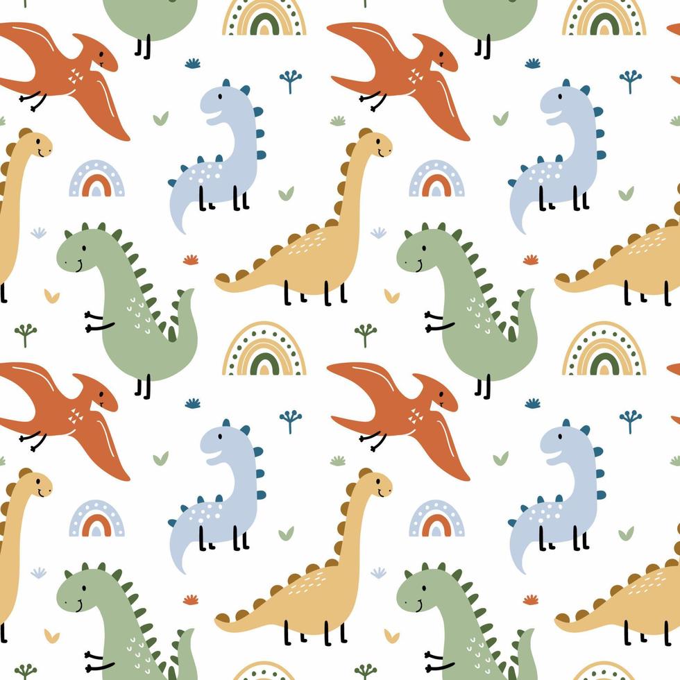 Seamless pattern with  dinosaur and pterodactyl. Prehistoric animals. Background for sewing children  clothing, printing on fabric and packaging paper. vector