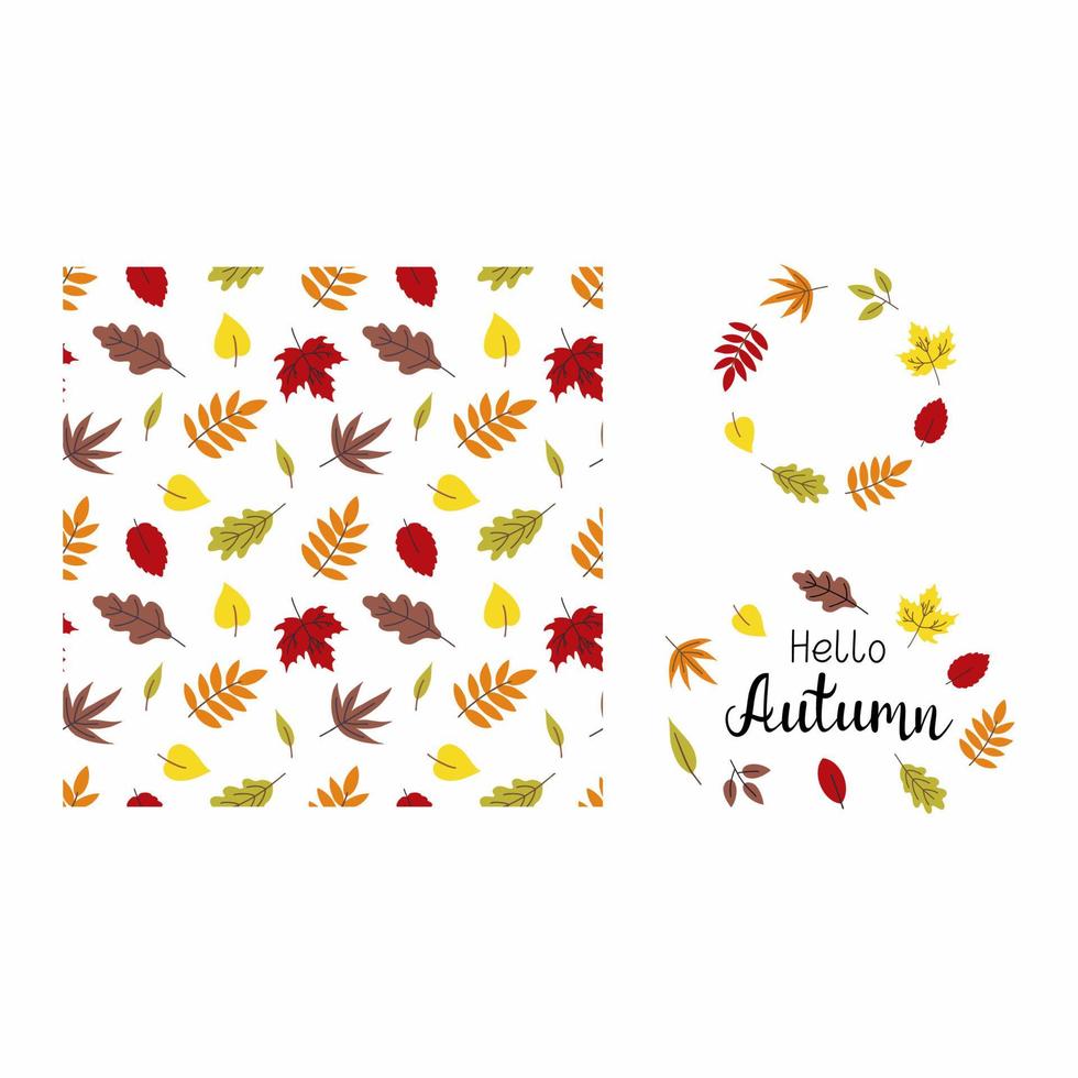 Seamless pattern with autumn leaves. Round frame. Inscription Hello, autumn. vector