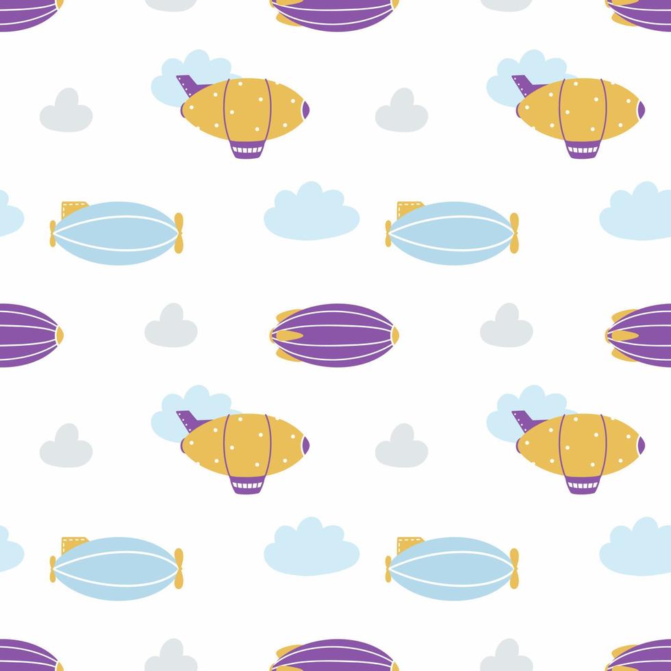 Seamless background with cute airship. Endless Pattern with aircraft for sewing children clothing, printing on fabric and packaging paper. Zeppelin in clouds. vector