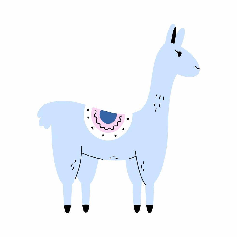 Cute llama in doodle style. Blue alpaca for printing on children clothes and postcards. Poster for nursery. Sticker with lama. vector