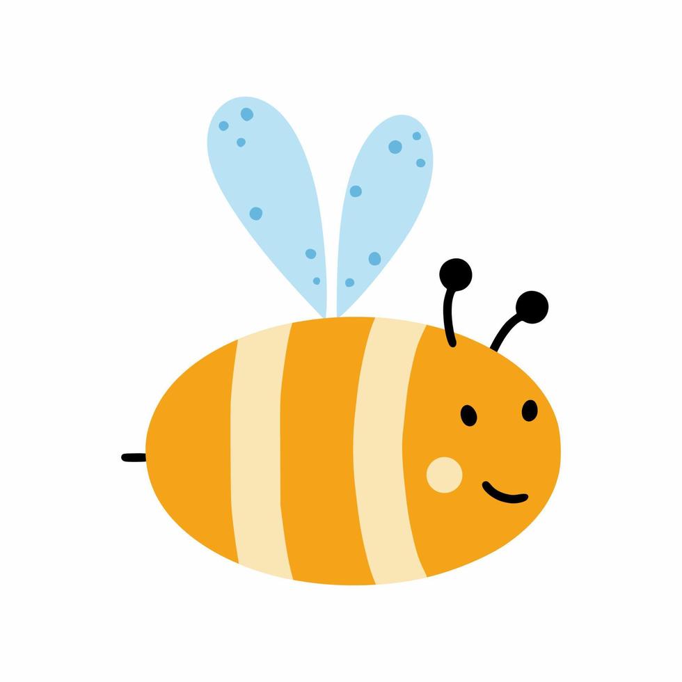 abeja linda en estilo doodle. carácter vectorial para el libro de los niños. impresión de bebé. avispa con alas y sonrisa. vector