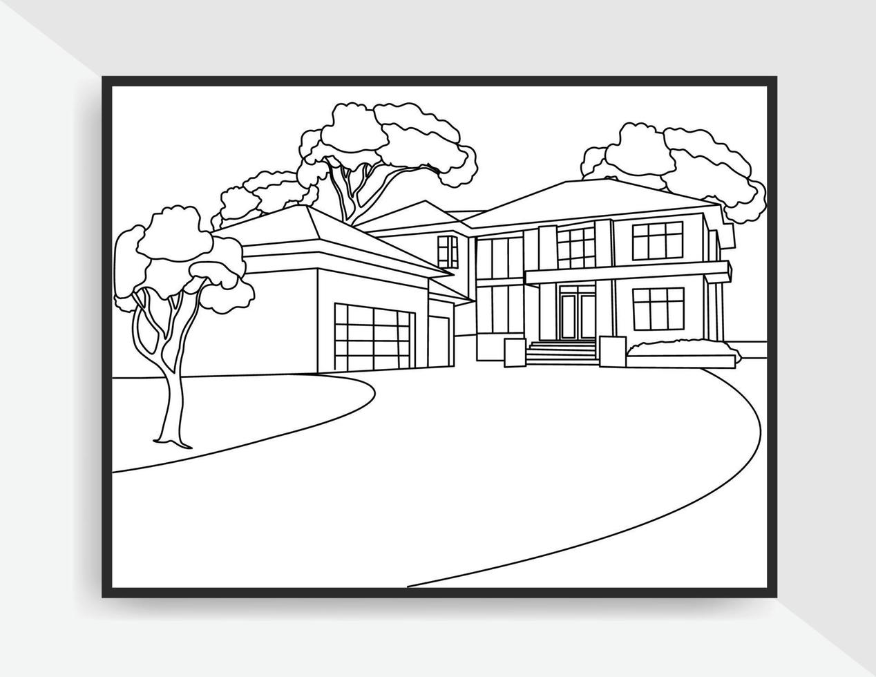 Hand drawn line art illustration of house landscape for coloring page vector