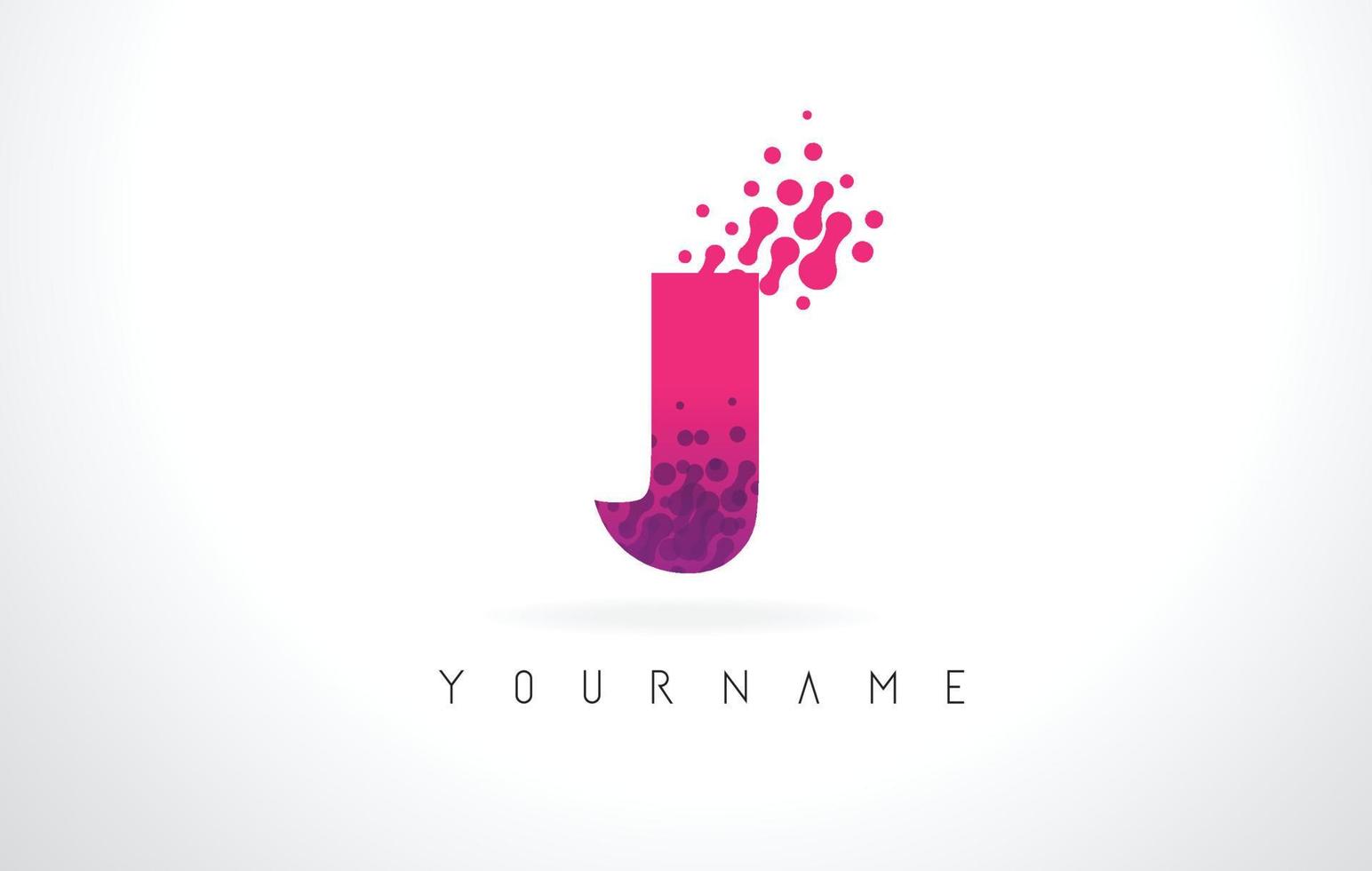 Logo de letra J con diseño de puntos de partículas y color rosa púrpura. vector