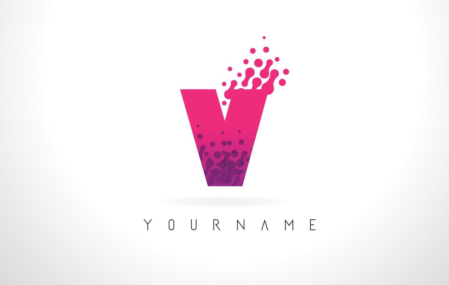 Logo de letra V con diseño de puntos de partículas y color rosa púrpura. vector