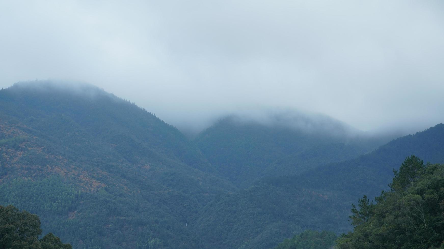 The beautiful mountains view with the green forest and flowers field in the countryside of the southern China photo