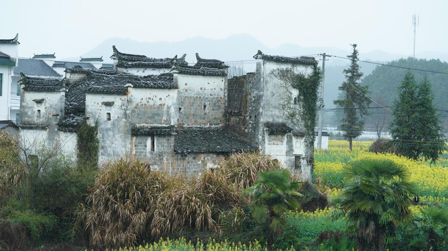 The  beautiful and old traditional Chinese village view with the mountains around it located in the countryside of the southern China photo