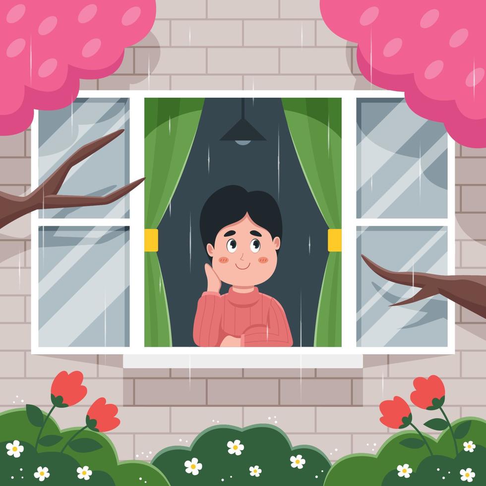 Boy Looking at the Spring Rain through Window vector