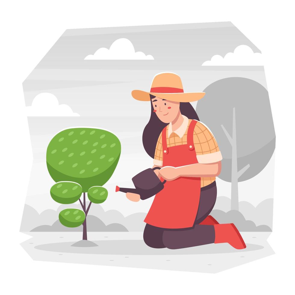 mujer regando plantas en el jardín vector