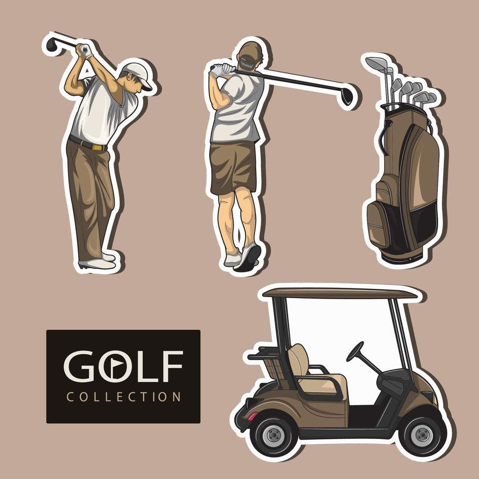 equipo de deporte de golf jugador de golf y equipo de golf. estilo de diseño para club de golf o banner. Ilustración de vector de conjunto de iconos de golf