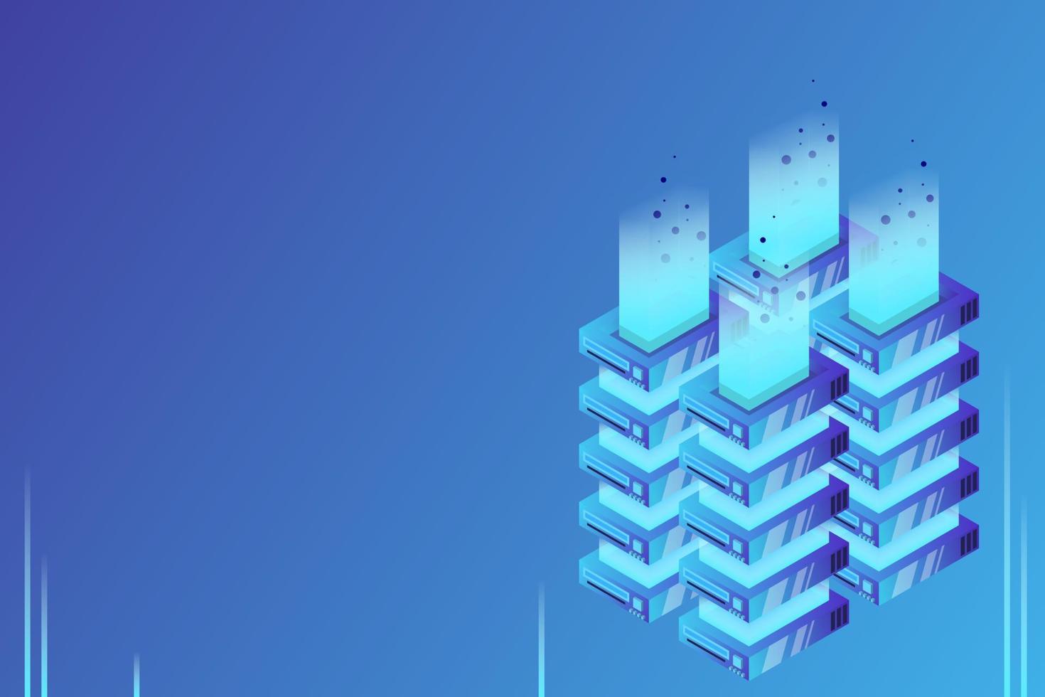 Server room isometric vector, futuristic technology of data protection and processing vector