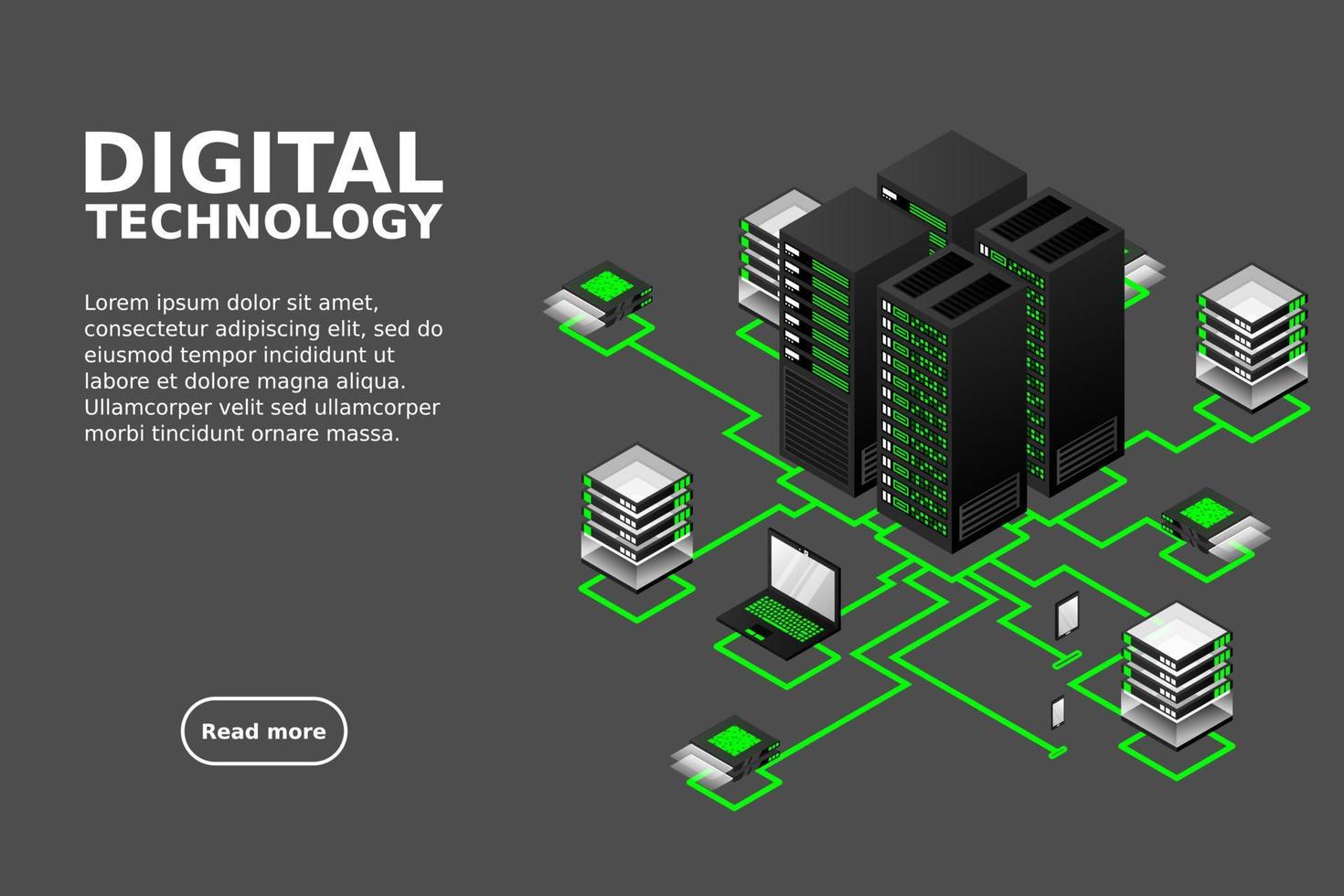 Concept of data network management .Vector isometric map with business networking servers computers and devices vector