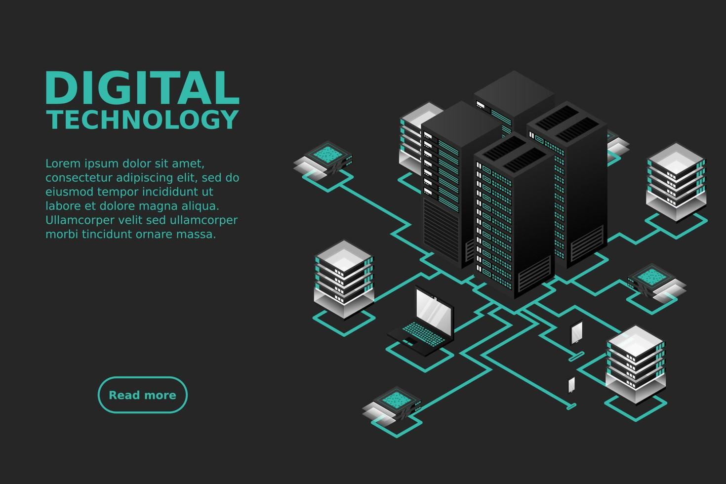 concepto de gestión de red de datos .mapa isométrico de vector con servidores de redes de negocios, computadoras y dispositivos